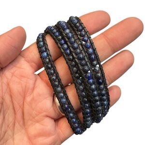 Lapis Lazuli genuine gemstone bracelet, 4mm beads wrap leather bracelet